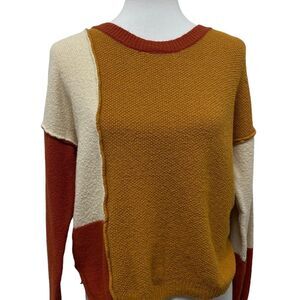 Patchwork Crewneck knit Sweater, size Small. Autumn Fall Colors Pumpkin Orange